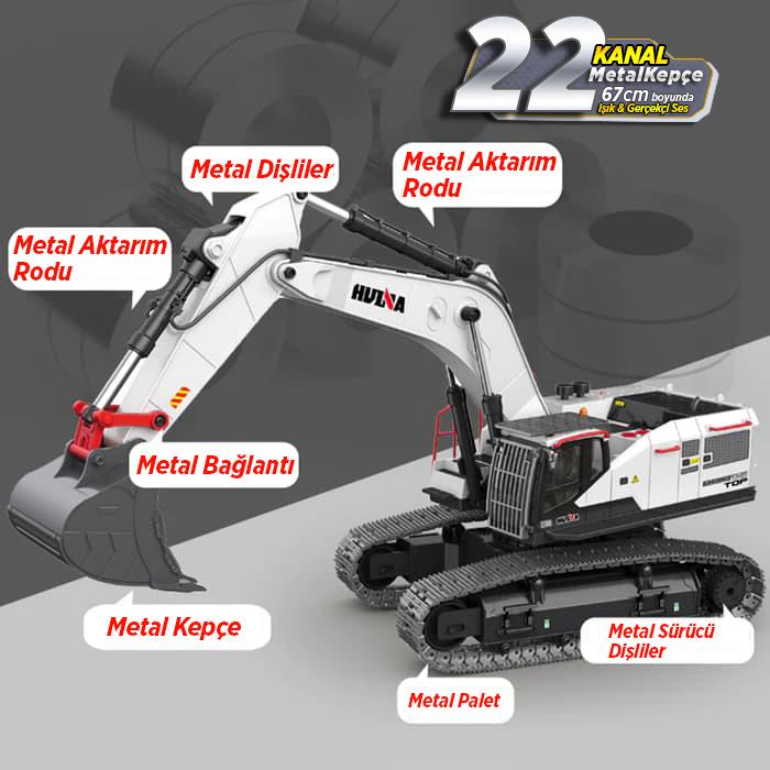 HUINA 1594 1/14 Profesyonel 22 Kanal RC Model 4 Farklı Metal Kepçeli Ekskavatör Kepçe Kazıcı Uzaktan Kumandalı İş Makinesi -2.4G Sesli&Işıklı - Taşıma Çantası Dahil