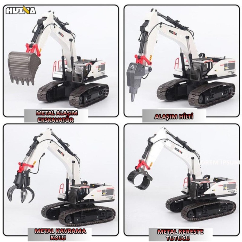 HUINA 1594 1/14 Profesyonel 22 Kanal RC Model 4 Farklı Metal Kepçeli Ekskavatör Kepçe Kazıcı Uzaktan Kumandalı İş Makinesi -2.4G Sesli&Işıklı - Taşıma Çantası Dahil