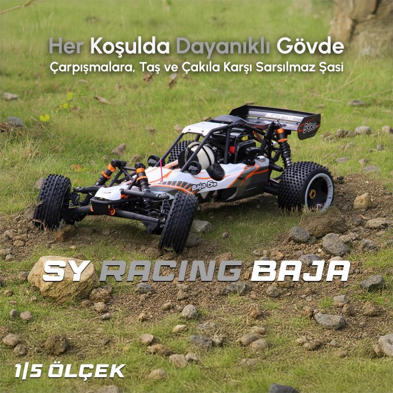 SY RACING 1/5 Baja 5B 30.5CC RTR Kurşunsuz Benzinli Uzaktan Kumandalı RC Arazi Model Araba 80+kmh 75CM Uzunluk Offroad Beyaz-Gri (Kullanıma Hazır)