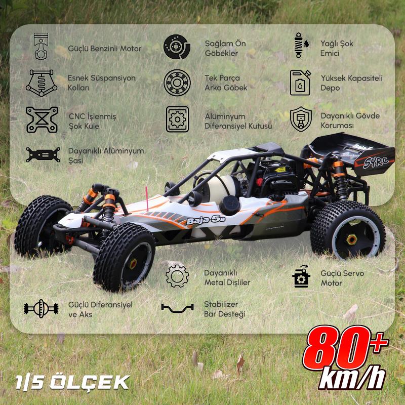 SY RACING 1/5 Baja 5B 30.5CC RTR Kurşunsuz Benzinli Uzaktan Kumandalı RC Arazi Model Araba 80+kmh 75CM Uzunluk Offroad Beyaz-Gri (Kullanıma Hazır)