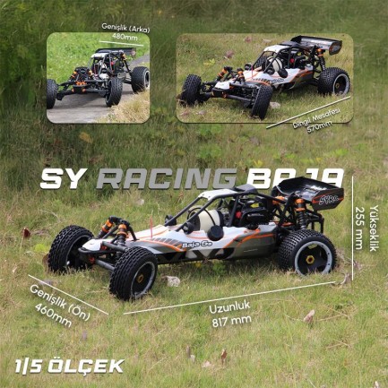 SY RACING 1/5 Baja 5B 30.5CC RTR Kurşunsuz Benzinli Uzaktan Kumandalı RC Arazi Model Araba 80+kmh 75CM Uzunluk Offroad Beyaz-Gri (Kullanıma Hazır) - Thumbnail