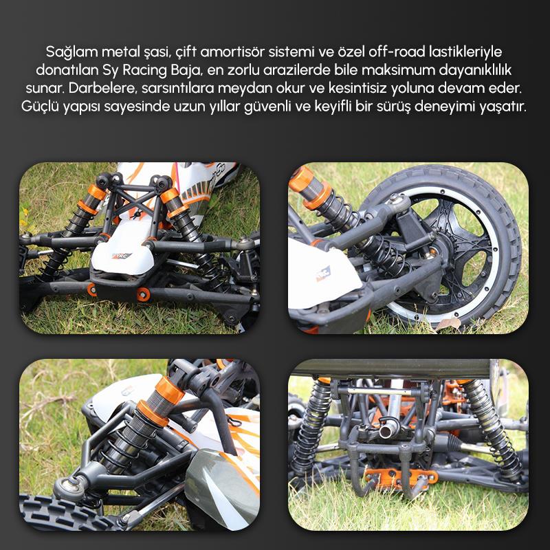 SY RACING 1/5 Baja 5B 30.5CC RTR Kurşunsuz Benzinli Uzaktan Kumandalı RC Arazi Model Araba 80+kmh 75CM Uzunluk Offroad Beyaz-Gri (Kullanıma Hazır)