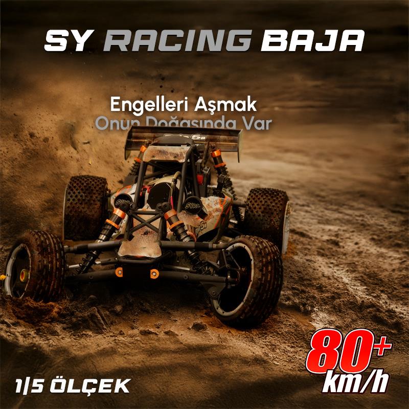 SY RACING 1/5 Baja 5B 30.5CC RTR Kurşunsuz Benzinli Uzaktan Kumandalı RC Arazi Model Araba 80+kmh 75CM Uzunluk Offroad Beyaz-Gri (Kullanıma Hazır)