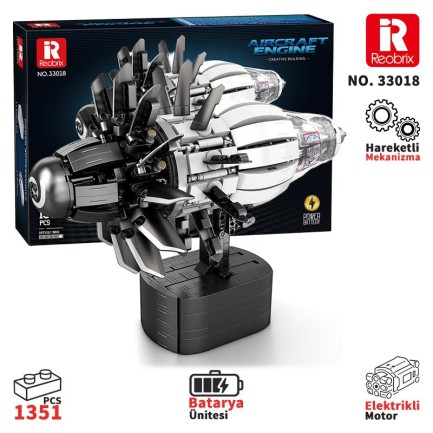 Reobrix - Reobrix Technic 33018 Uçak Motoru (Aircraft Engine) Hareketli Yaratıcı Yapı Blok Seti Building Blocks 1351 Parça