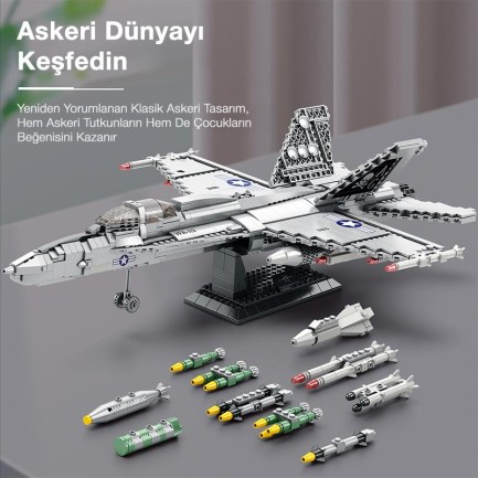 Reobrix 33022 American McDonnell Dougles F18 Hornet Strike Fighter Jet Uçak Yaratıcı Yapı Blok Seti Building Blocks - 1387 Parça - Thumbnail