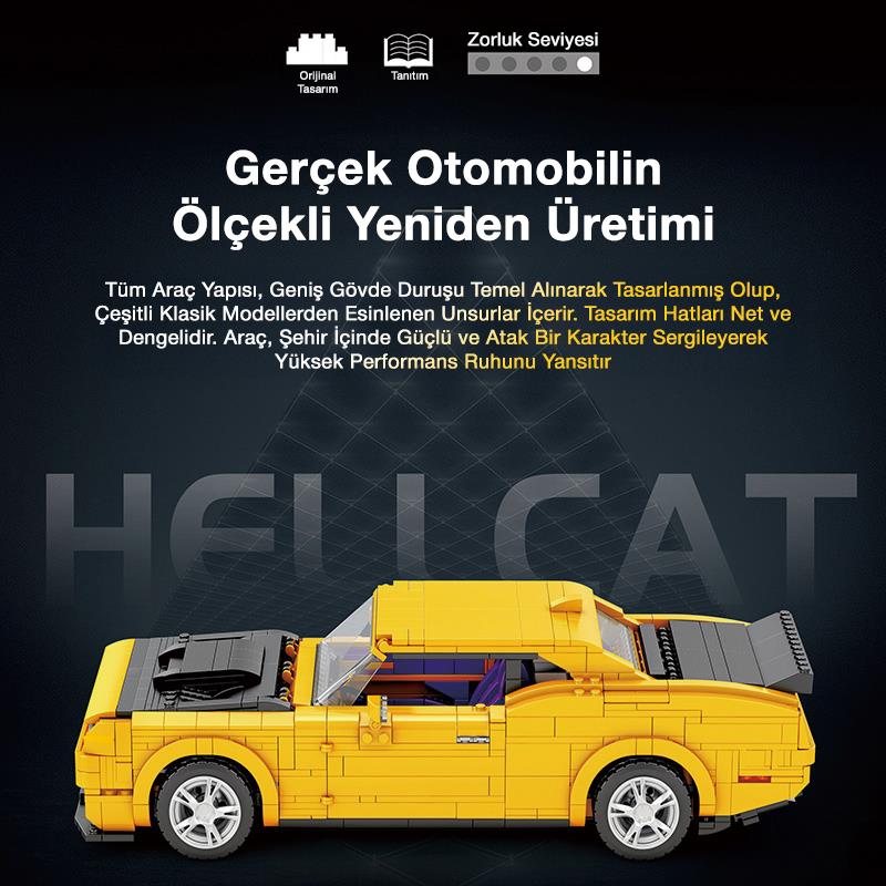 Reobrix Technic 11030 1/12 Dodge Challenger Hellcat Araba Yaratıcı Yapı Blok Seti Building Blocks - 1740 Parça