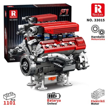 Reobrix - Reobrix Technic 33015 F1 Motor (Engine) Motorlu Yaratıcı Yapı Blok Seti Building Blocks- 1101 Parça