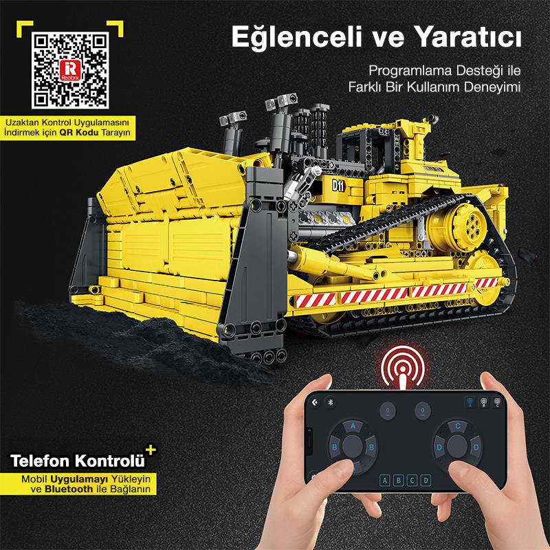 Reobrix Technic 22001 RC Buldozer Kumanda&Motor Yaratıcı Yapı Blok Seti Building Block (Caterpillar)- 1836 Parça
