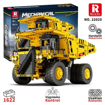 Reobrix - Reobrix Technic 22025 Damperli Kamyon Kumanda&Motorlu Yaratıcı Yapı Blok Seti Building Blocks (Dump Truck)- 1622 Parça