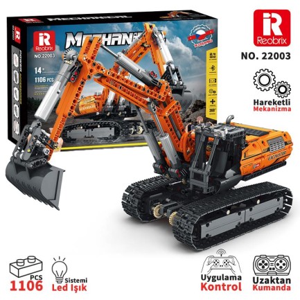 Reobrix - Reobrix Technic 22003 Excavator Kazıcı Kumanda&Motorlu Yaratıcı Yapı Blok Seti Building Blocks - 1106 Parça