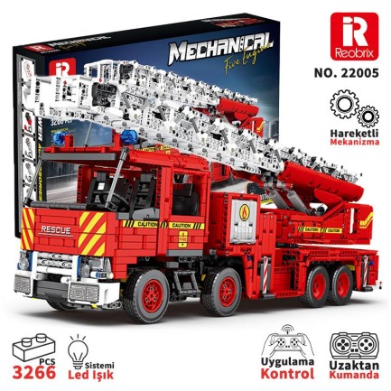 Reobrix - Reobrix 22005 İtfaiye Kamyonu Kumanda&Motorlu Yaratıcı Yapı Blok Seti Building Blocks (Mechanical Fire Engine)-3266Parça