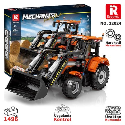 Reobrix - Reobrix Technic 22024 Kepçeli Traktör (Loading Tractor) Kumanda&Motorlu Yaratıcı Yapı Blok Seti Building Blocks- 1496 Parça