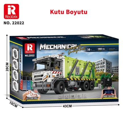 Reobrix Technic 22022 Çöp Toplama Kamyonu (Garbage Truck) Kumanda&Motorlu Yaratıcı Yapı Blok Seti Building Blocks - 1468 Parça - Thumbnail