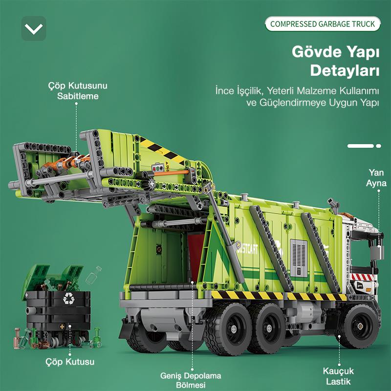 Reobrix Technic 22022 Çöp Toplama Kamyonu (Garbage Truck) Kumanda&Motorlu Yaratıcı Yapı Blok Seti Building Blocks - 1468 Parça