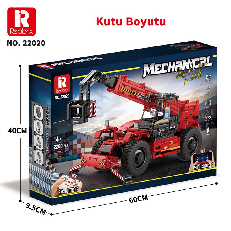 Reobrix Technic 22020 Teleskopik Kollu Forklift (Telescopic Arm Forklift) Kumandalı&Motorlu Yaratıcı Yapı Blok Seti Building Blocks - 2096 Parça