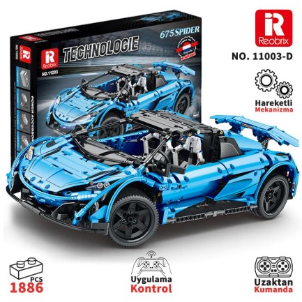 Reobrix - Reobrix Technic 11003-D 1/10 McLaren 675LT Spider Araba Kumanda&Motorlu Yaratıcı Yapı Blok Seti Building Blocks - 1886 Parça
