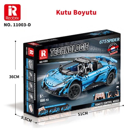 Reobrix Technic 11003-D 1/10 McLaren 675LT Spider Araba Kumanda&Motorlu Yaratıcı Yapı Blok Seti Building Blocks - 1886 Parça - Thumbnail