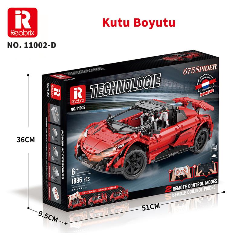 Reobrix Technic 11002-D 1/10 McLaren 675LT Spider Araba Kumanda&Motorlu Yaratıcı Yapı Blok Seti Building Blocks - 1886 Parça