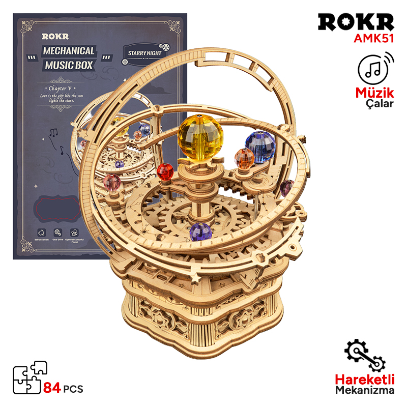 ROKR AMK51 Müzik Kutusu Starry Night Music Box DIY Mechanical 3D Wooden Puzzle Maket Model Seti 3D Model Kit Detaylı Dekoratif Hobi Seti Ahşap Maket Hareketli