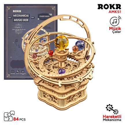ROKR - ROKR AMK51 Müzik Kutusu Starry Night Music Box DIY Mechanical 3D Wooden Puzzle Maket Model Seti 3D Model Kit Detaylı Dekoratif Hobi Seti Ahşap Maket Hareketli