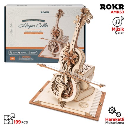 ROKR - ROKR Çello Müzik Kutusu (Magic Cello) Music Box DIY Mechanical 3D Wooden Puzzle Maket Model Seti 3D Model Kit Detaylı Dekoratif Hobi Seti Ahşap Maket Hareketli