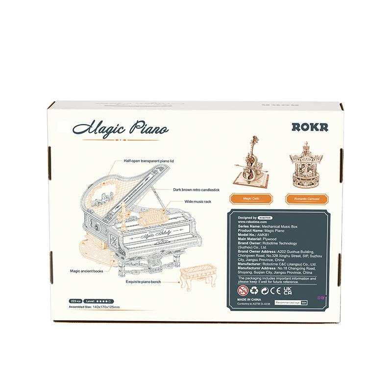 ROKR Piyano Müzik Kutusu (Magic Piano) Music Box DIY Mechanical 3D Wooden Puzzle Maket Model Seti 3D Model Kit Detaylı Dekoratif Hobi Seti Ahşap Maket Hareketli