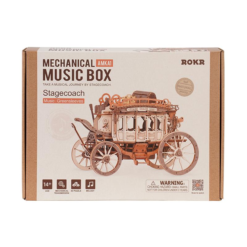 ROKR AMKA1 Müzik Kutusu (Stage Coach) Music Box DIY Mechanical 3D Wooden Puzzle Maket Model Seti 3D Model Kit Detaylı Dekoratif Hobi Seti Ahşap Maket Hareketli