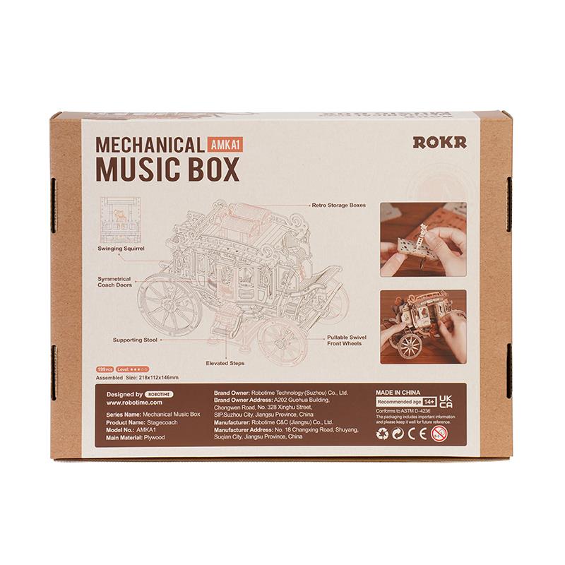 ROKR AMKA1 Müzik Kutusu (Stage Coach) Music Box DIY Mechanical 3D Wooden Puzzle Maket Model Seti 3D Model Kit Detaylı Dekoratif Hobi Seti Ahşap Maket Hareketli