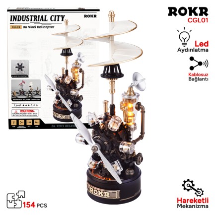 ROKR - ROKR CGL01 Leonardo Da Vinci’s Helicopter DIY Mechanical 3D Puzzle Maket Model Seti 3D Model Kit Detaylı Dekoratif Hobi Seti Hareketli ve Işıklı