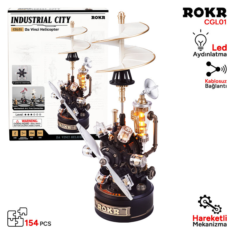 ROKR CGL01 Leonardo Da Vinci’s Helicopter DIY Mechanical 3D Puzzle Maket Model Seti 3D Model Kit Detaylı Dekoratif Hobi Seti Hareketli ve Işıklı
