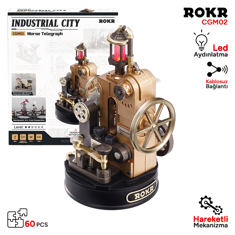 ROKR CGM02 Morse Telegraph DIY Mechanical 3D Puzzle Maket Model Seti 3D Model Kit Detaylı Dekoratif Hobi Seti Hareketli ve Işıklı