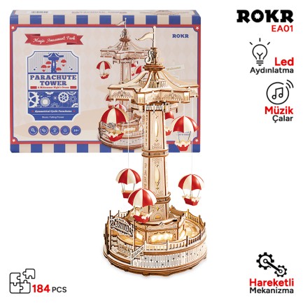 ROKR - ROKR EA01 Müzik Kutusu Parachute Tower Music Box DIY 3D Wooden Puzzle Maket Model Seti 3D Model Kit Detaylı Dekoratif Hobi Seti Ahşap Maket Hareketli ve Işıklı