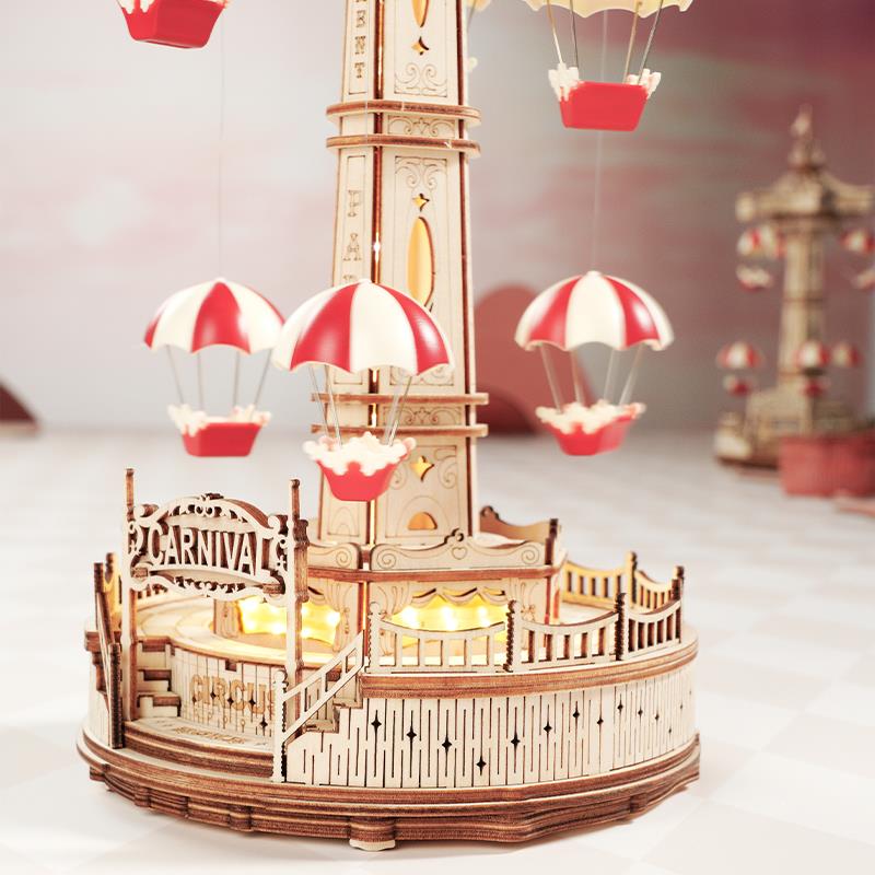 ROKR EA01 Müzik Kutusu Parachute Tower Music Box DIY 3D Wooden Puzzle Maket Model Seti 3D Model Kit Detaylı Dekoratif Hobi Seti Ahşap Maket Hareketli ve Işıklı