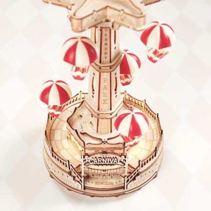 ROKR EA01 Müzik Kutusu Parachute Tower Music Box DIY 3D Wooden Puzzle Maket Model Seti 3D Model Kit Detaylı Dekoratif Hobi Seti Ahşap Maket Hareketli ve Işıklı - Thumbnail