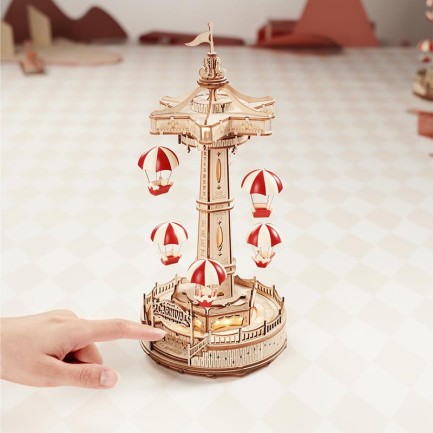 ROKR EA01 Müzik Kutusu Parachute Tower Music Box DIY 3D Wooden Puzzle Maket Model Seti 3D Model Kit Detaylı Dekoratif Hobi Seti Ahşap Maket Hareketli ve Işıklı - Thumbnail
