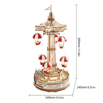 ROKR EA01 Müzik Kutusu Parachute Tower Music Box DIY 3D Wooden Puzzle Maket Model Seti 3D Model Kit Detaylı Dekoratif Hobi Seti Ahşap Maket Hareketli ve Işıklı - Thumbnail