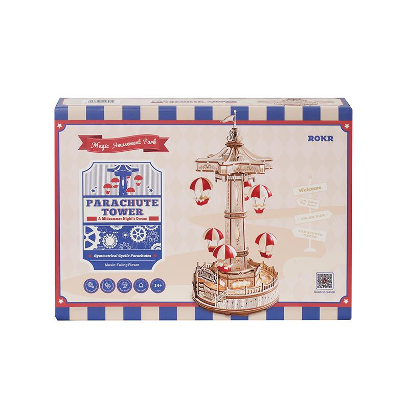 ROKR EA01 Müzik Kutusu Parachute Tower Music Box DIY 3D Wooden Puzzle Maket Model Seti 3D Model Kit Detaylı Dekoratif Hobi Seti Ahşap Maket Hareketli ve Işıklı