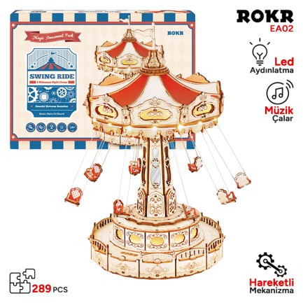 ROKR - ROKR EA02 Dönme Dolap Müzik Kutusu (Swing Ride) Music Box DIY 3D Wooden Puzzle Maket Model Seti 3D Model Kit Detaylı Dekoratif Hobi Seti Ahşap Maket Hareketli ve Işıklı
