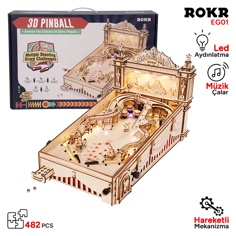 ROKR EG01 Pinpon Makinesi (3D Pinball Machine) DIY Minyatür Maket Model Seti Ahşap 3D Wooden Puzzle 3D Model Kit Detaylı Dekoratif Hobi Seti Ahşap Maket