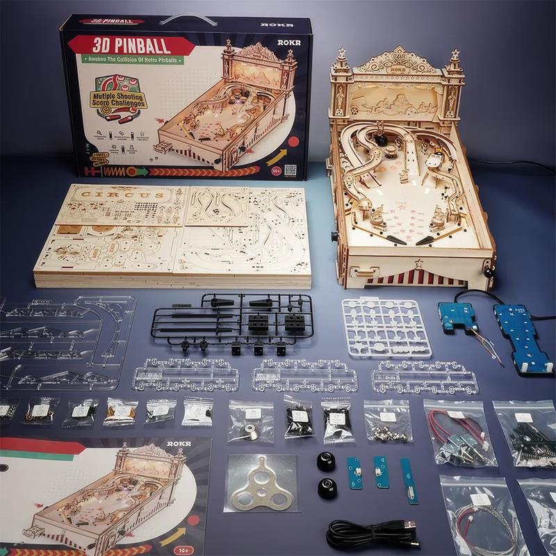 ROKR EG01 Pinpon Makinesi (3D Pinball Machine) DIY Minyatür Maket Model Seti Ahşap 3D Wooden Puzzle 3D Model Kit Detaylı Dekoratif Hobi Seti Ahşap Maket