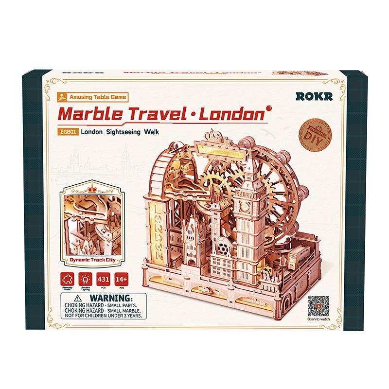 ROKR EGB01 Marble Travel London Marble Run DIY Minyatür Maket Model Seti Ahşap 3D Wooden Puzzle 3D Model Kit Detaylı Dekoratif Hobi Seti Ahşap Maket