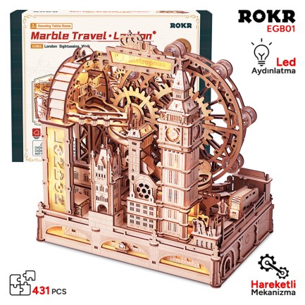 ROKR - ROKR EGB01 Marble Travel London Marble Run DIY Minyatür Maket Model Seti Ahşap 3D Wooden Puzzle 3D Model Kit Detaylı Dekoratif Hobi Seti Ahşap Maket