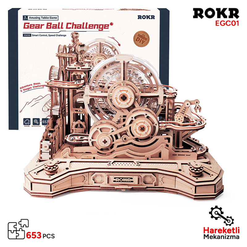 ROKR EGC01 Gear Ball Challenge DIY Minyatür Maket Model Seti Ahşap 3D Wooden Puzzle 3D Model Kit Detaylı Dekoratif Hobi Seti Ahşap Maket