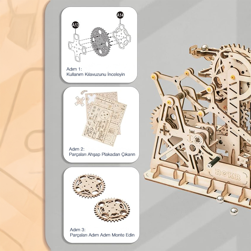 ROKR LG504 Marble Climber Marble Run DIY Minyatür Maket Model Seti Ahşap 3D Wooden Puzzle 3D Model Kit Detaylı Dekoratif Hobi Seti Ahşap Maket
