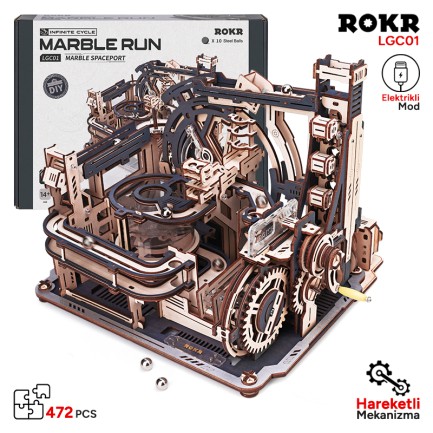ROKR - ROKR LGC01 Marble Spaceport Marble Run DIY Minyatür Maket Model Seti Ahşap 3D Wooden Puzzle 3D Model Kit Detaylı Dekoratif Hobi Seti Ahşap Maket
