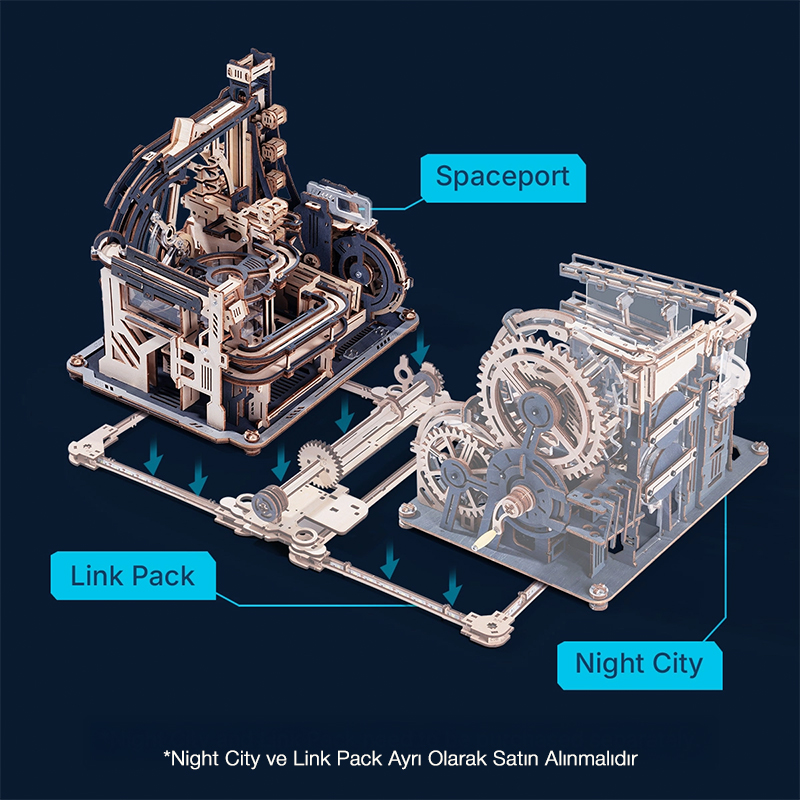 ROKR LGC01 Marble Spaceport Marble Run DIY Minyatür Maket Model Seti Ahşap 3D Wooden Puzzle 3D Model Kit Detaylı Dekoratif Hobi Seti Ahşap Maket
