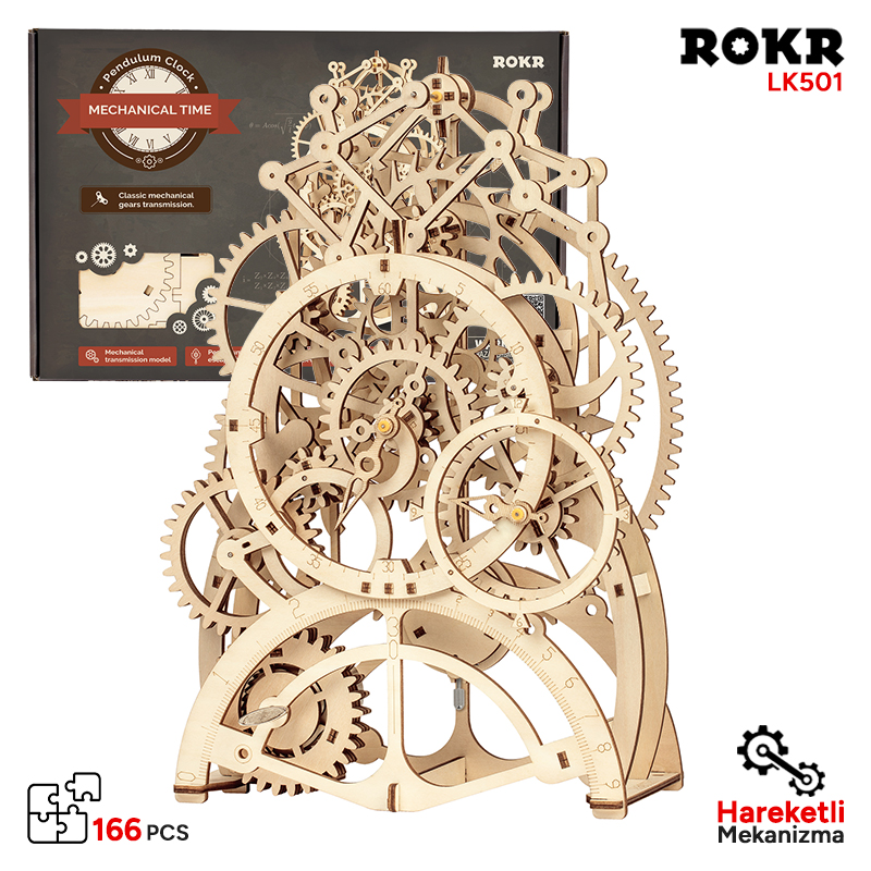 ROKR LK501 Hareketli Sarkaçlı Saat Pendulum Clock DIY Minyatür Maket ModelSet Ahşap 3D Wooden Puzzle 3D Model Kit Detaylı Dekoratif Hobi Seti Ahşap Maket