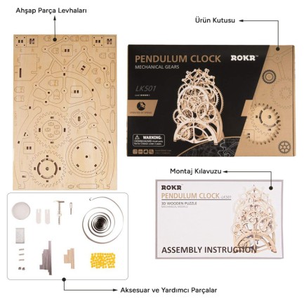 ROKR LK501 Hareketli Sarkaçlı Saat Pendulum Clock DIY Minyatür Maket ModelSet Ahşap 3D Wooden Puzzle 3D Model Kit Detaylı Dekoratif Hobi Seti Ahşap Maket - Thumbnail