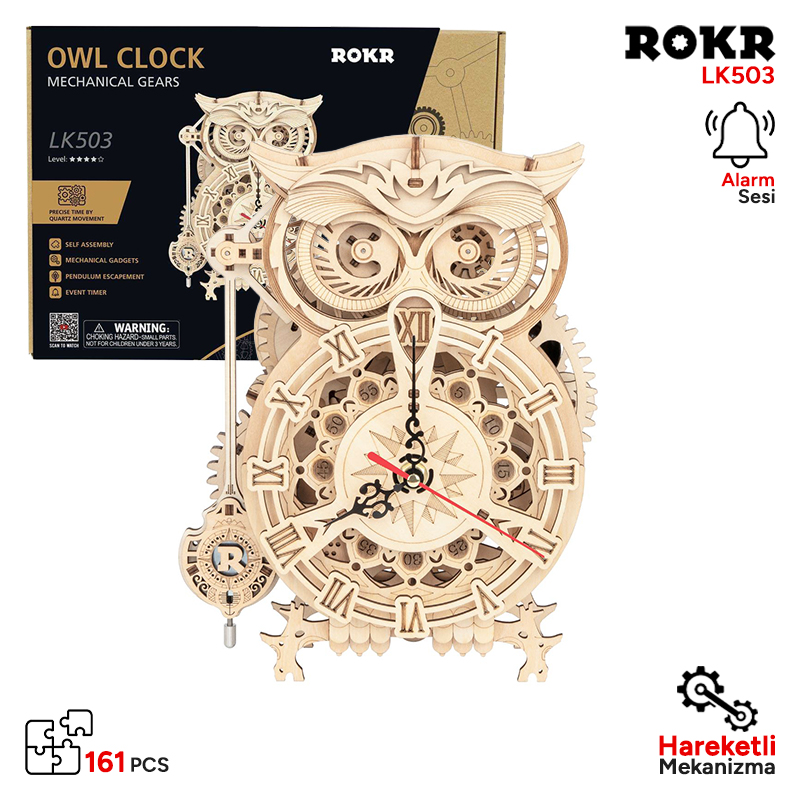 ROKR LK503 Hareketli Baykuş Saat (Owl Clock) DIY Minyatür Maket Model Seti Ahşap 3D Wooden Puzzle 3D Model Kit Detaylı Dekoratif Hobi Seti Ahşap Maket