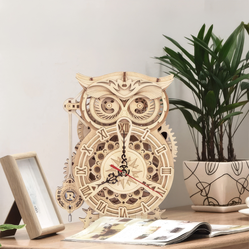 ROKR LK503 Hareketli Baykuş Saat (Owl Clock) DIY Minyatür Maket Model Seti Ahşap 3D Wooden Puzzle 3D Model Kit Detaylı Dekoratif Hobi Seti Ahşap Maket